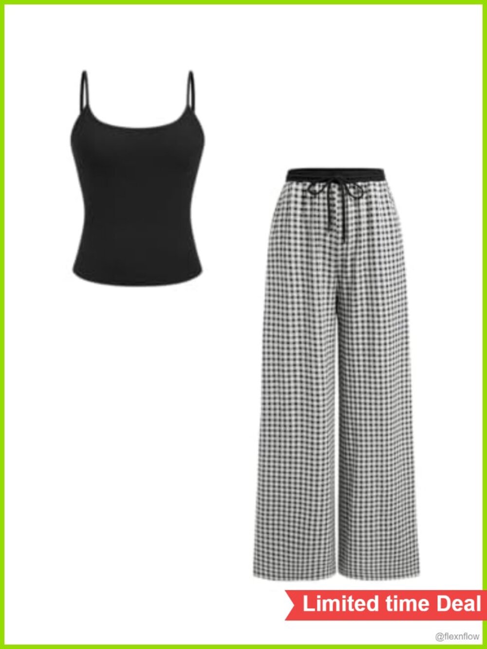 Two Piece Set Spaghetti Strap Cami Top Wide Leg Gingham Pants Casual